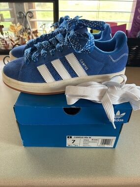 adidas Campus Women’s Blue Suede Sneakers with White Stripes